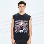 Unisex Cat Surrounded By Fish Printed Washed Tank Top