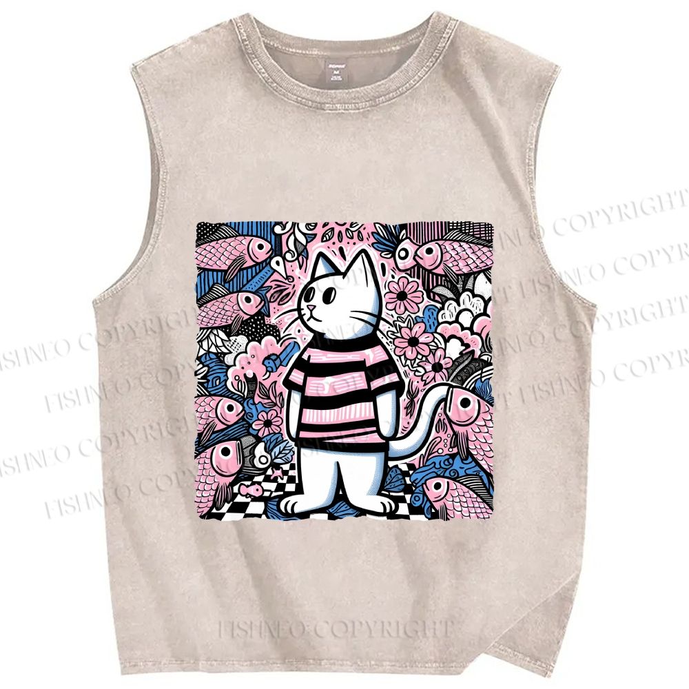 Unisex Cat Surrounded By Fish Printed Washed Tank Top