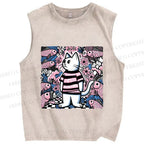 Unisex Cat Surrounded By Fish Printed Washed Tank Top