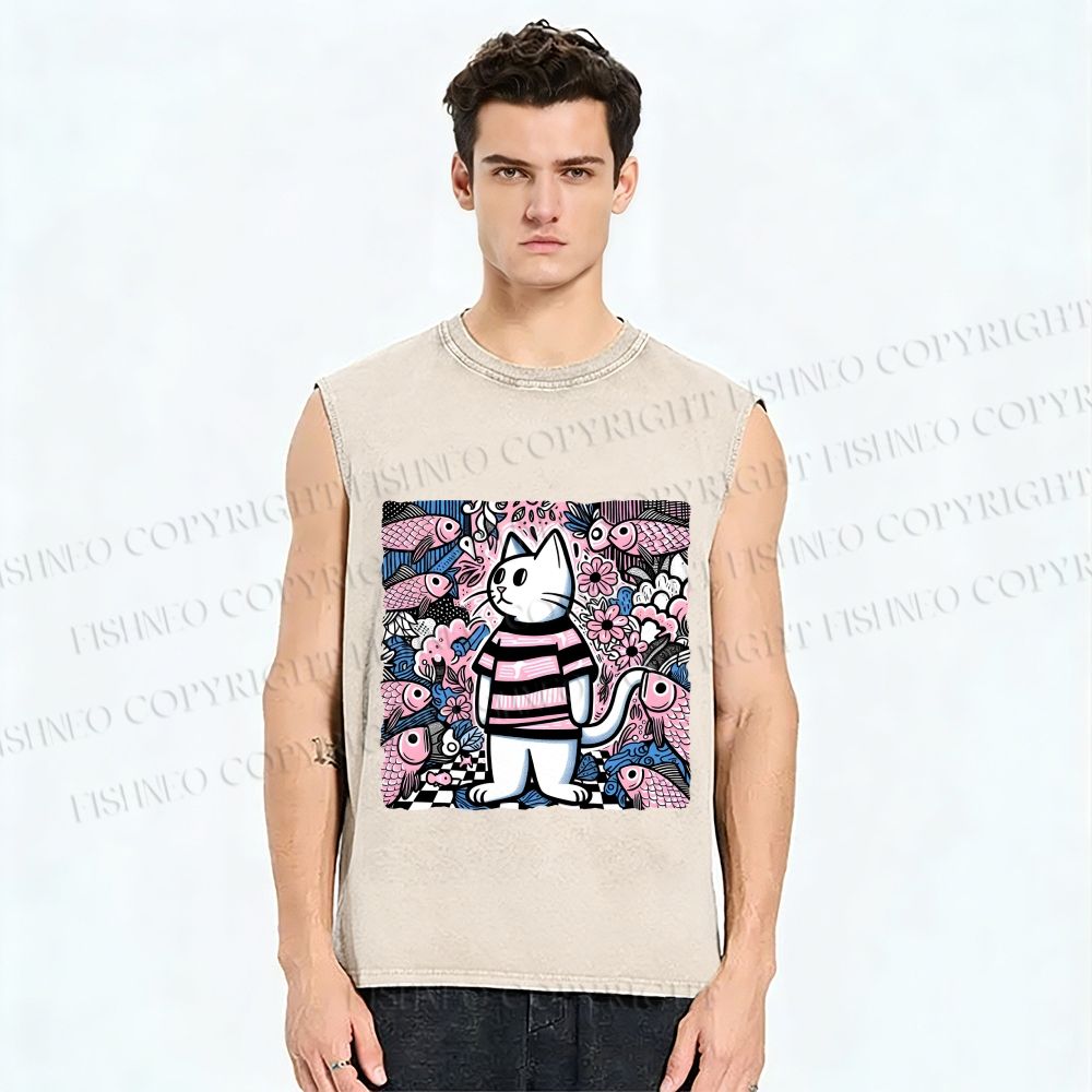Unisex Cat Surrounded By Fish Printed Washed Tank Top