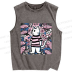 Unisex Cat Surrounded By Fish Printed Washed Tank Top