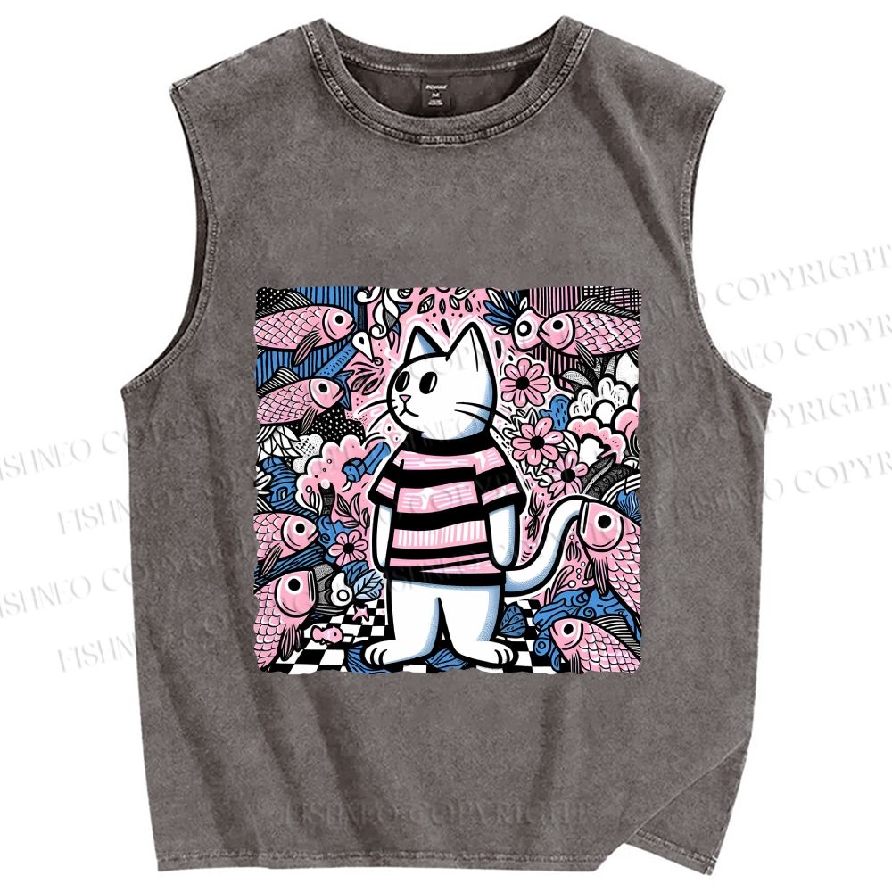 Unisex Cat Surrounded By Fish Printed Washed Tank Top