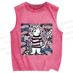 Unisex Cat Surrounded By Fish Printed Washed Tank Top