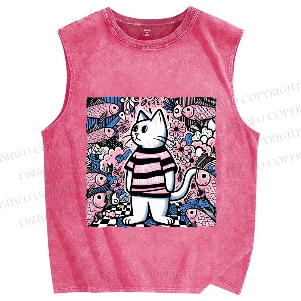 Unisex Cat Surrounded By Fish Printed Washed Tank Top