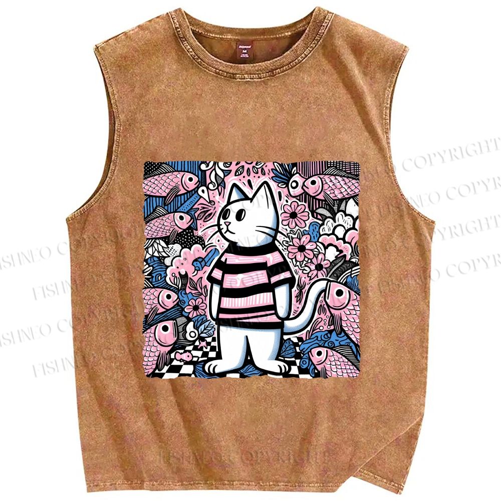 Unisex Cat Surrounded By Fish Printed Washed Tank Top