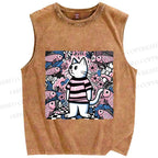 Unisex Cat Surrounded By Fish Printed Washed Tank Top