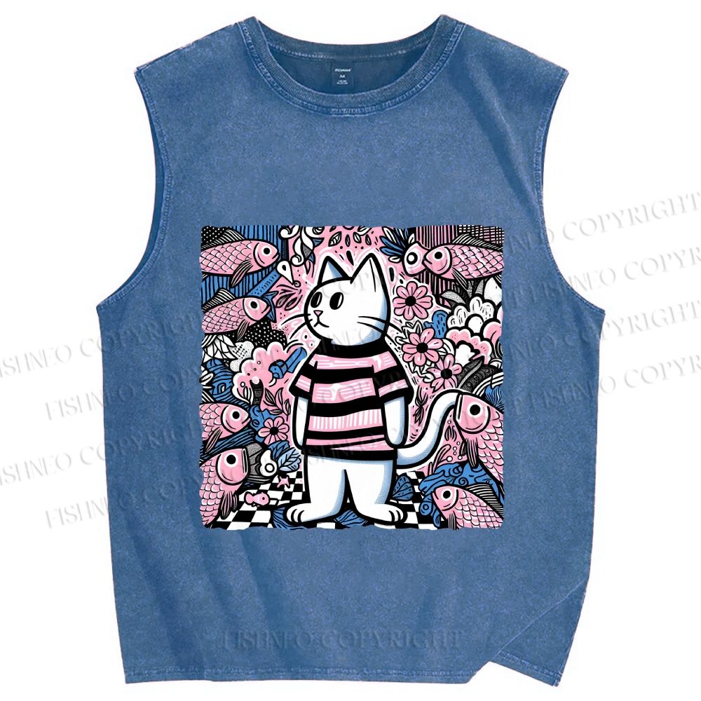 Unisex Cat Surrounded By Fish Printed Washed Tank Top