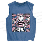 Unisex Cat Surrounded By Fish Printed Washed Tank Top