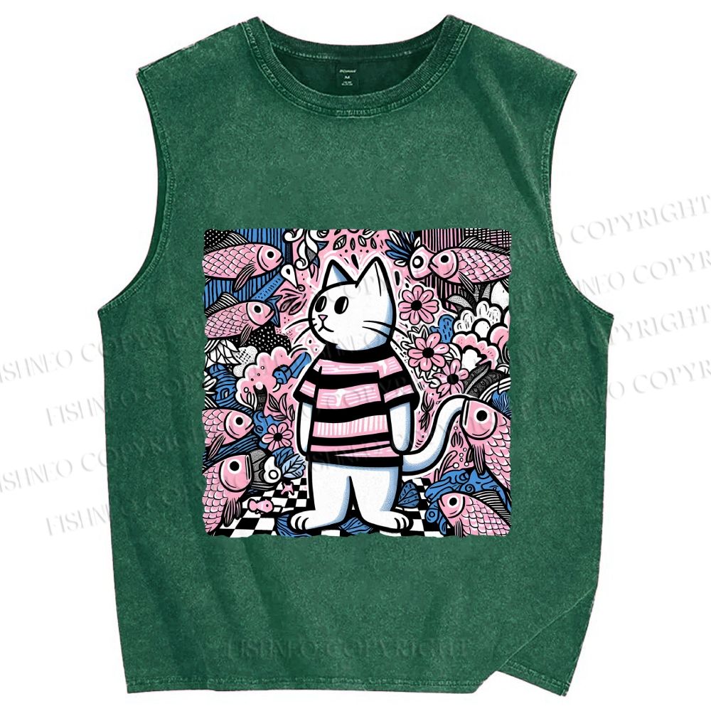 Unisex Cat Surrounded By Fish Printed Washed Tank Top