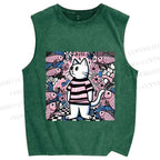 Unisex Cat Surrounded By Fish Printed Washed Tank Top