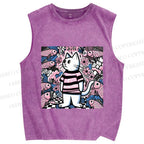 Unisex Cat Surrounded By Fish Printed Washed Tank Top