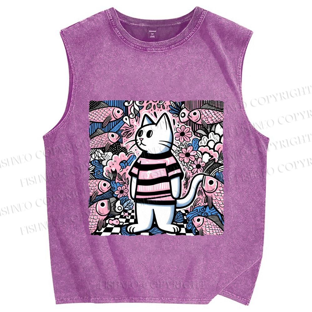 Unisex Cat Surrounded By Fish Printed Washed Tank Top