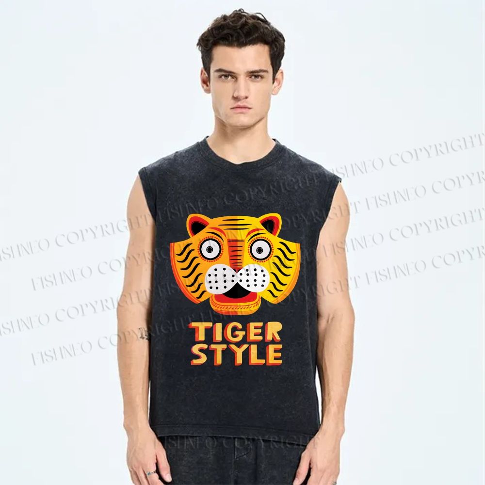 Unisex Silly Tiger Style Printed Washed Tank Top