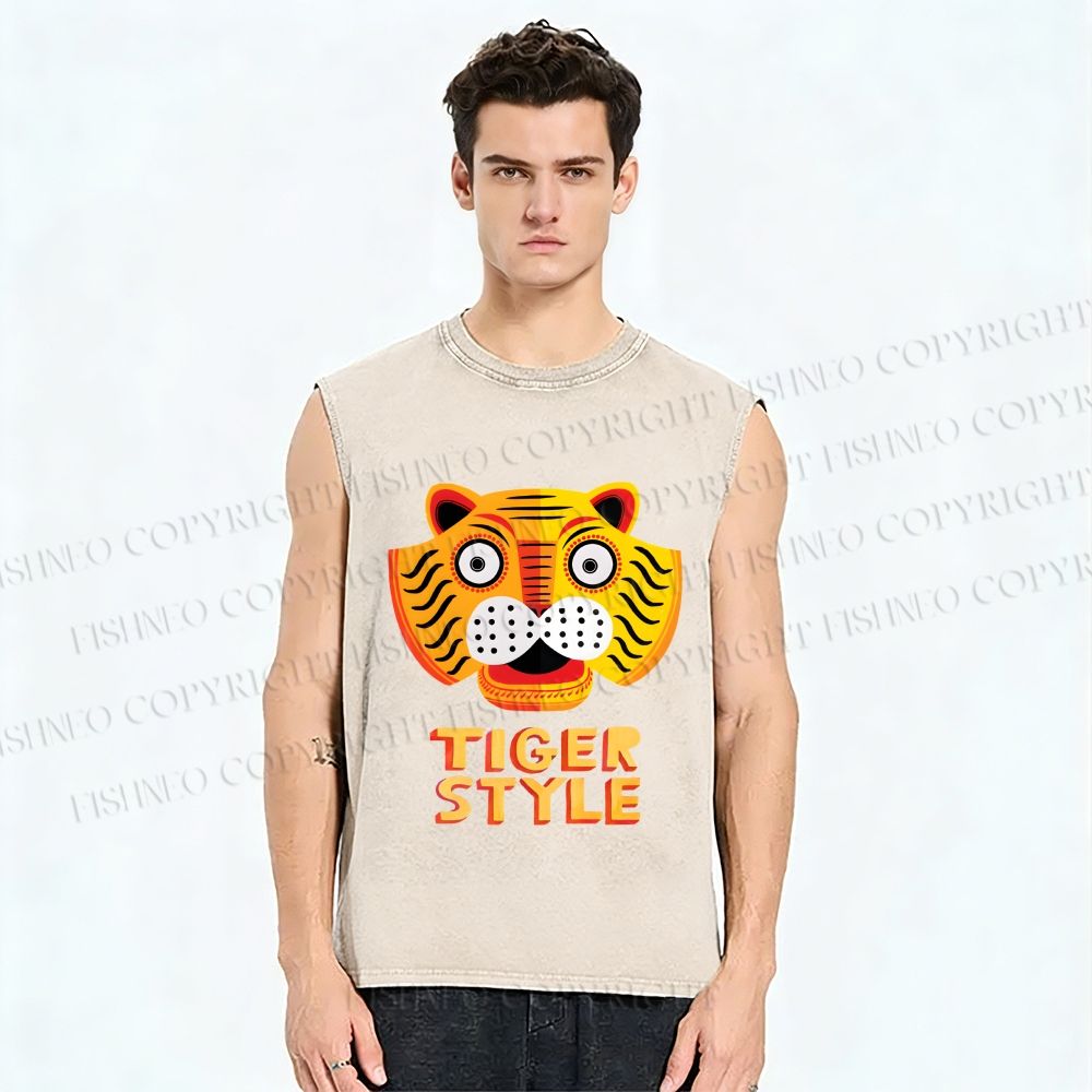 Unisex Silly Tiger Style Printed Washed Tank Top