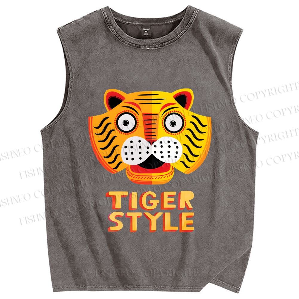 Unisex Silly Tiger Style Printed Washed Tank Top