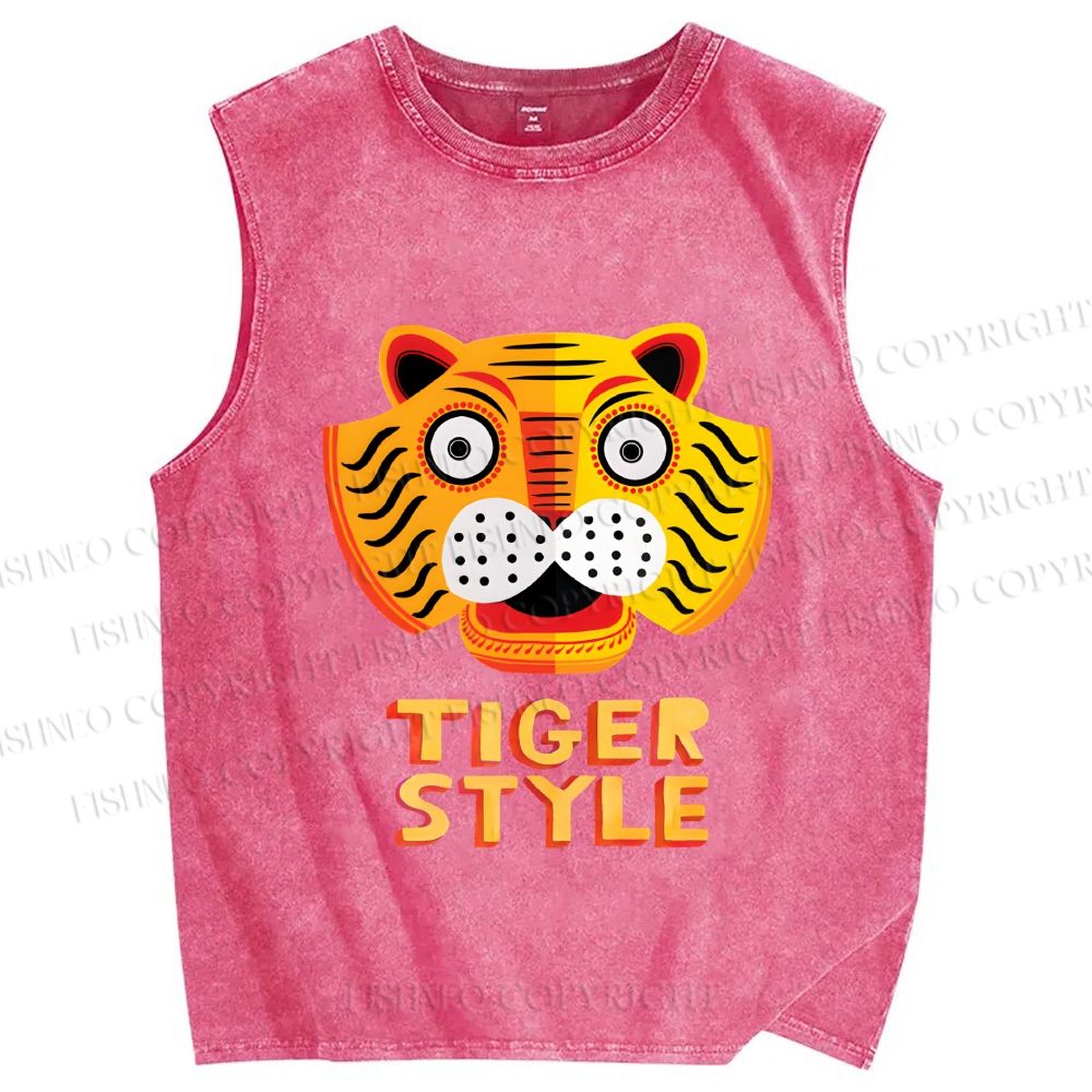 Unisex Silly Tiger Style Printed Washed Tank Top