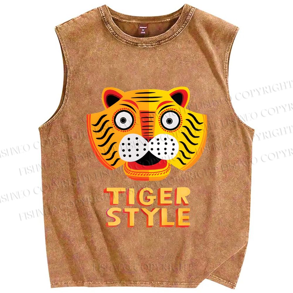 Unisex Silly Tiger Style Printed Washed Tank Top