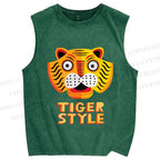 Unisex Silly Tiger Style Printed Washed Tank Top