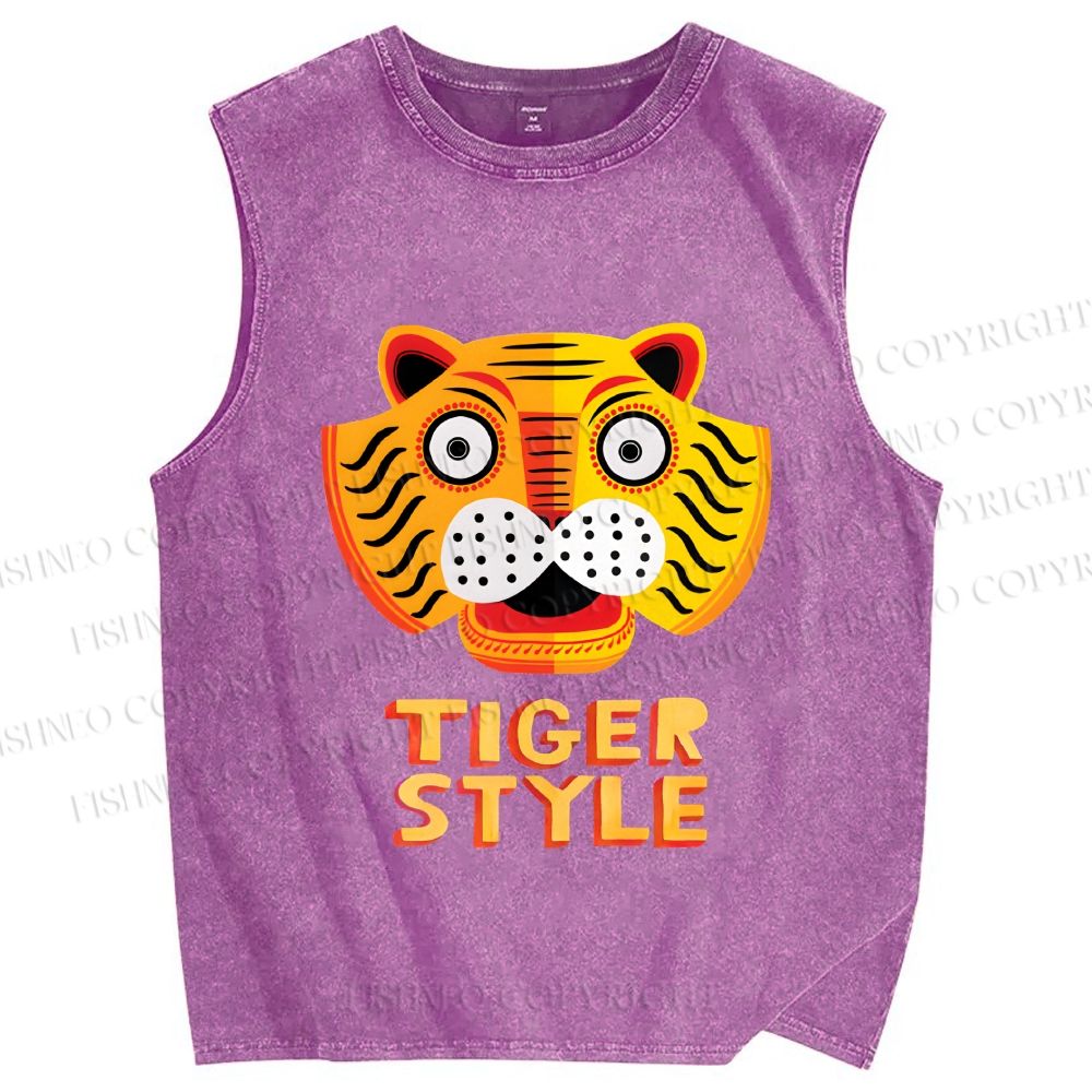 Unisex Silly Tiger Style Printed Washed Tank Top