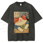 Unisex Japanese Vintage Cat Printed Washed Tee