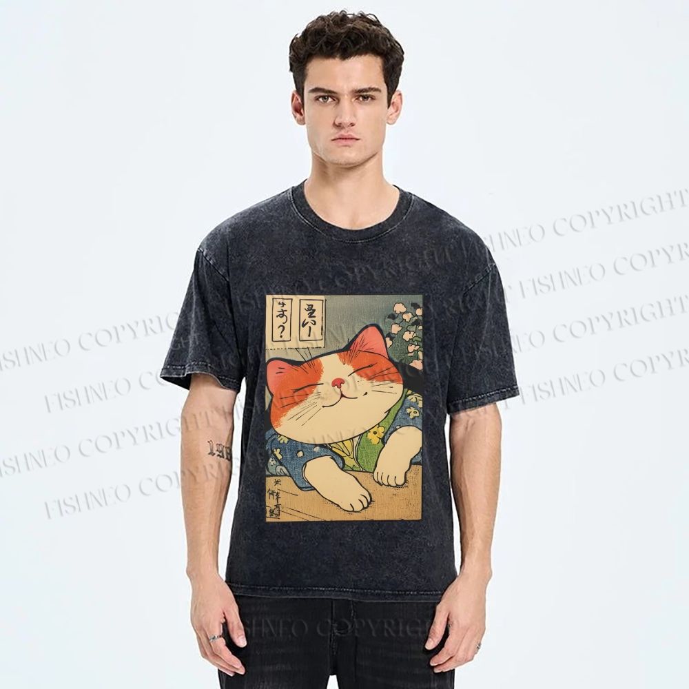 Unisex Japanese Vintage Cat Printed Washed Tee