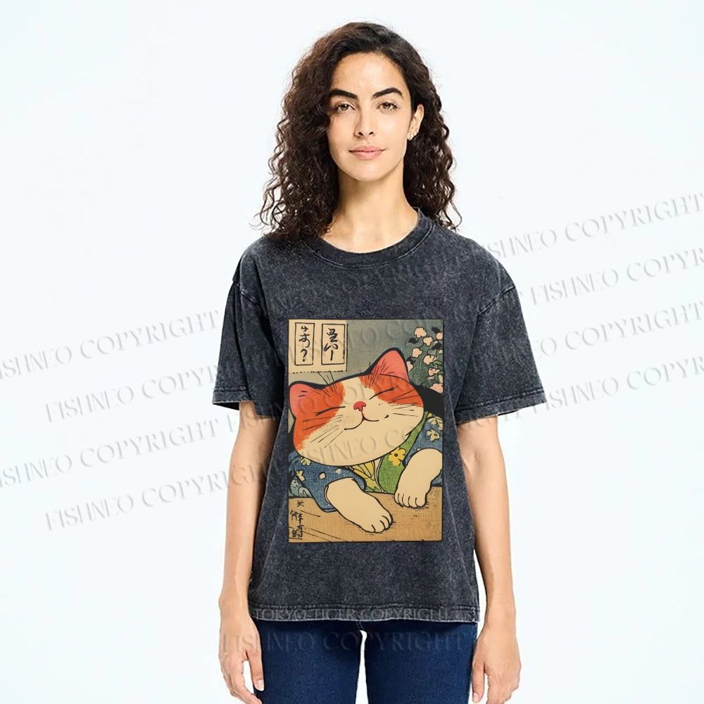 Unisex Japanese Vintage Cat Printed Washed Tee