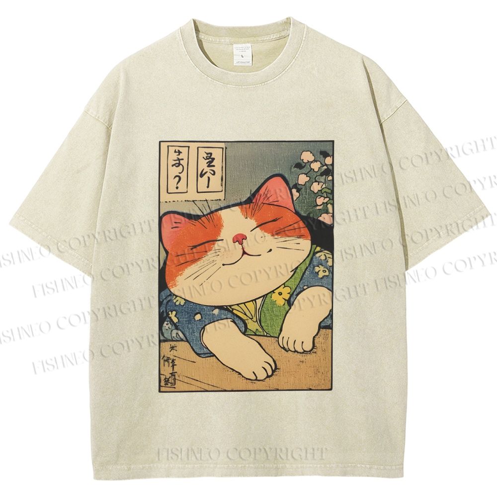 Unisex Japanese Vintage Cat Printed Washed Tee