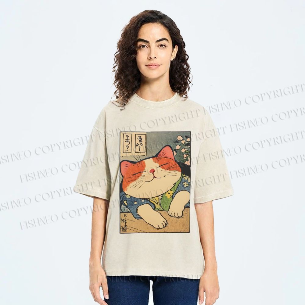 Unisex Japanese Vintage Cat Printed Washed Tee