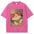 Unisex Japanese Vintage Cat Printed Washed Tee