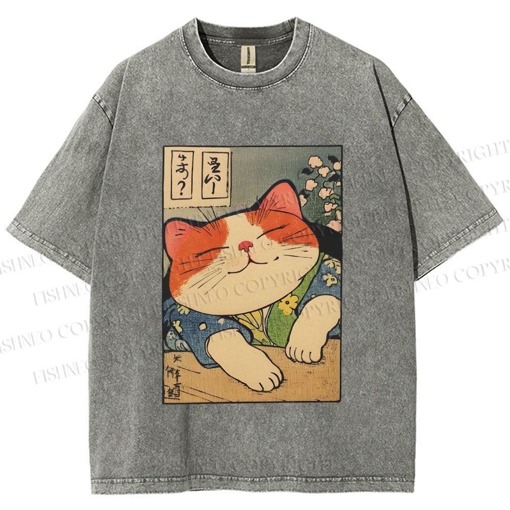 Unisex Japanese Vintage Cat Printed Washed Tee
