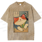 Unisex Japanese Vintage Cat Printed Washed Tee