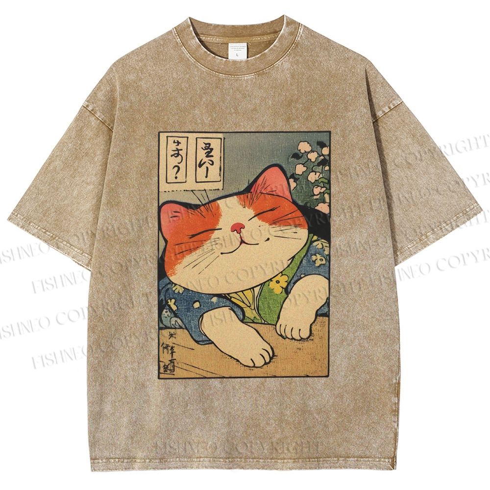 Unisex Japanese Vintage Cat Printed Washed Tee