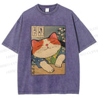 Unisex Japanese Vintage Cat Printed Washed Tee