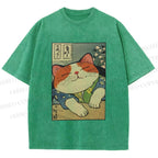 Unisex Japanese Vintage Cat Printed Washed Tee