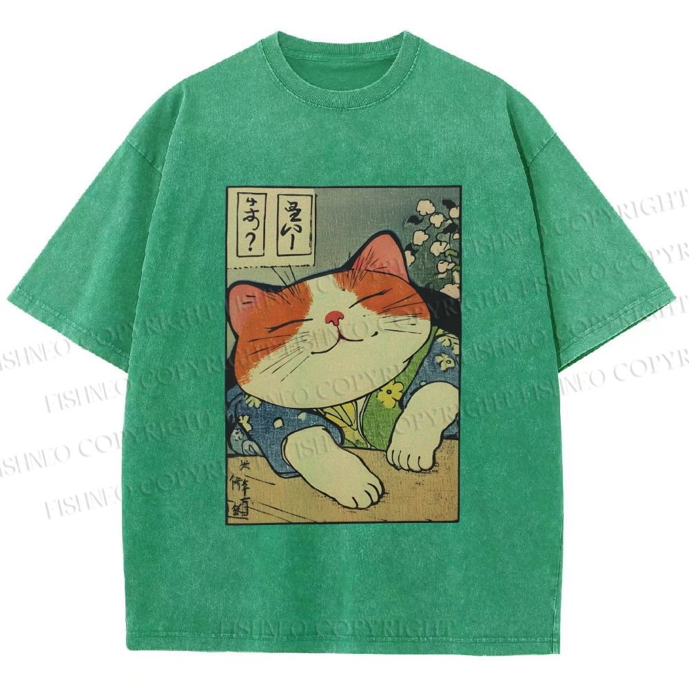 Unisex Japanese Vintage Cat Printed Washed Tee