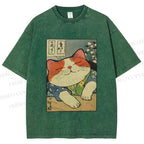 Unisex Japanese Vintage Cat Printed Washed Tee