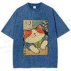Unisex Japanese Vintage Cat Printed Washed Tee