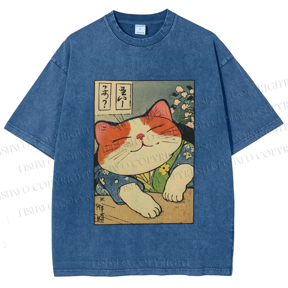 Unisex Japanese Vintage Cat Printed Washed Tee