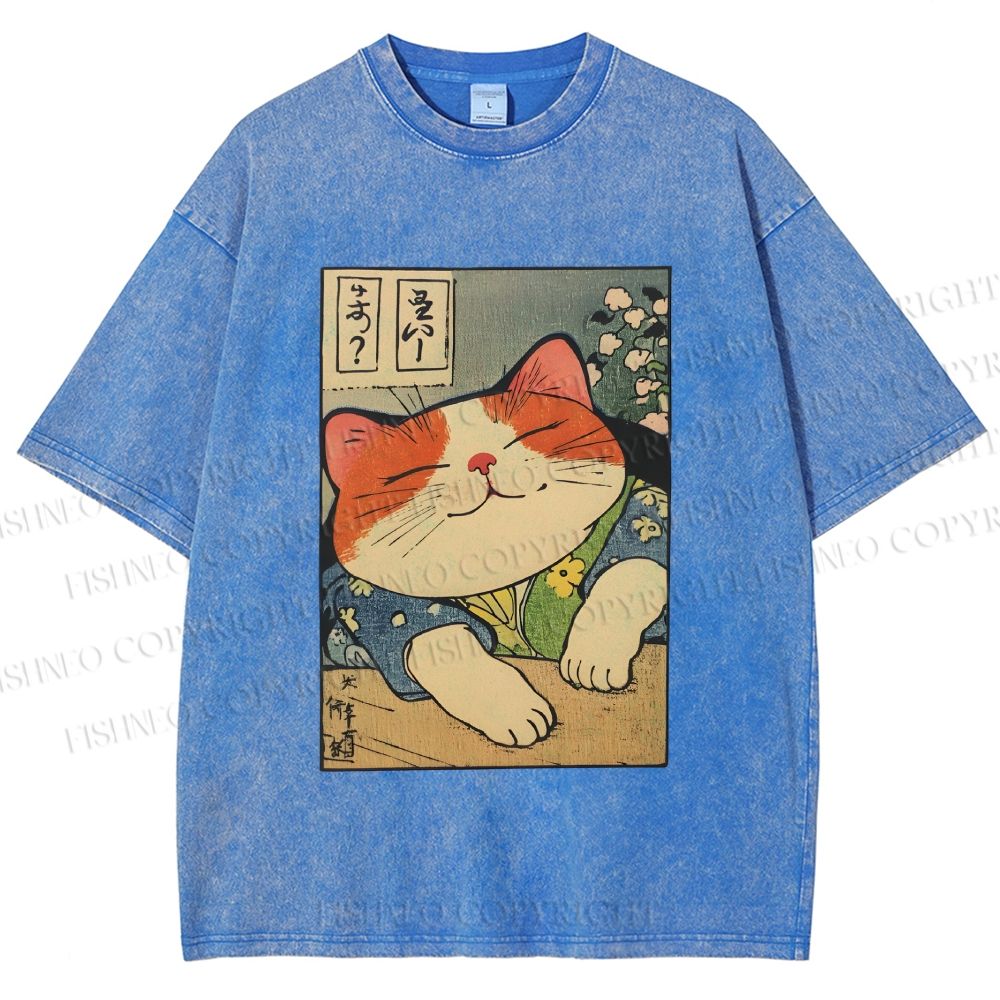 Unisex Japanese Vintage Cat Printed Washed Tee