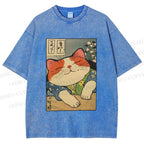 Unisex Japanese Vintage Cat Printed Washed Tee