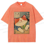 Unisex Japanese Vintage Cat Printed Washed Tee