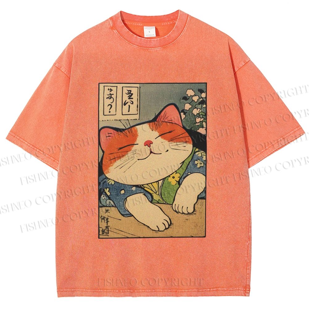 Unisex Japanese Vintage Cat Printed Washed Tee