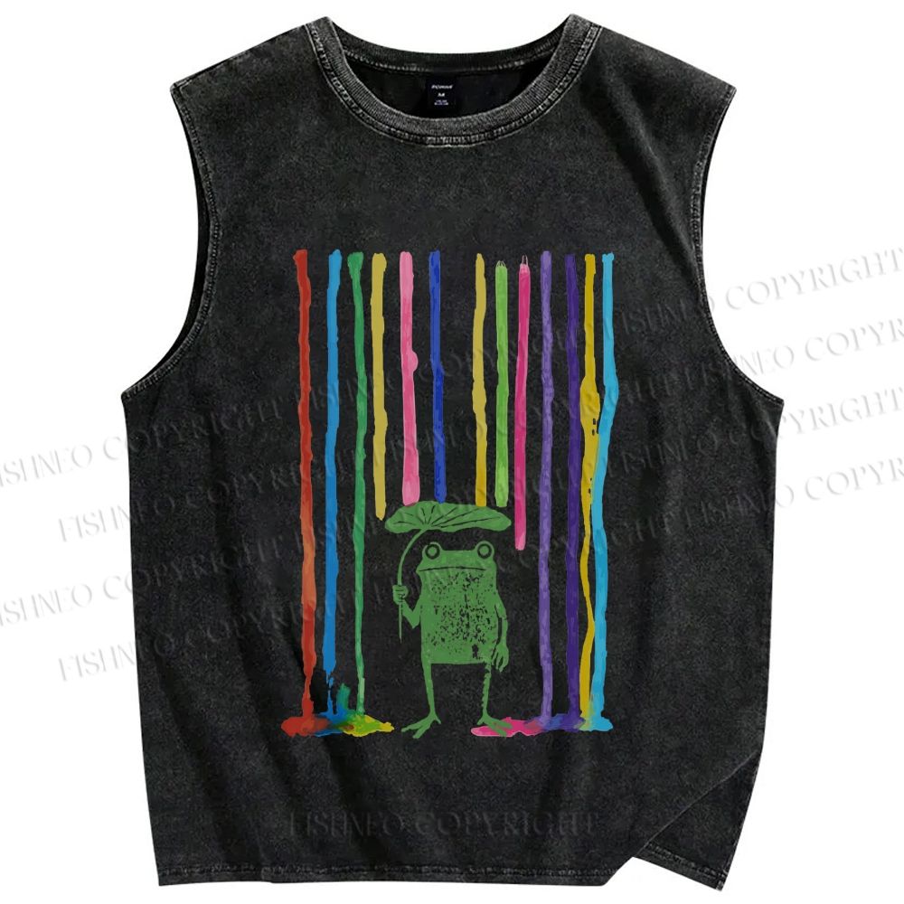 Unisex Frog Under The Rainbow Rain Printed Washed Tank Top