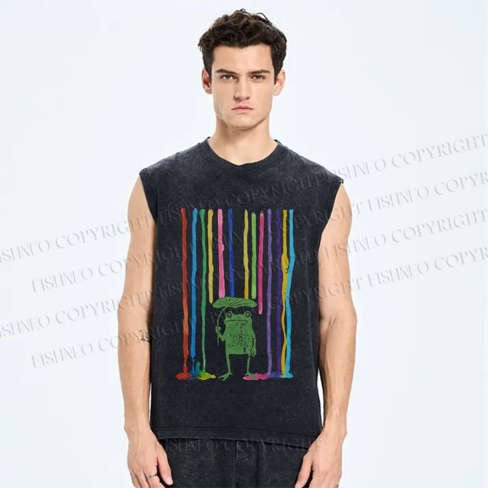 Unisex Frog Under The Rainbow Rain Printed Washed Tank Top