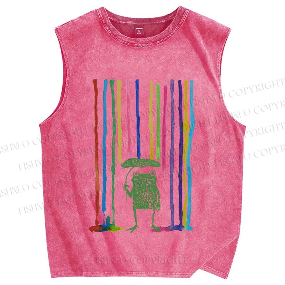 Unisex Frog Under The Rainbow Rain Printed Washed Tank Top