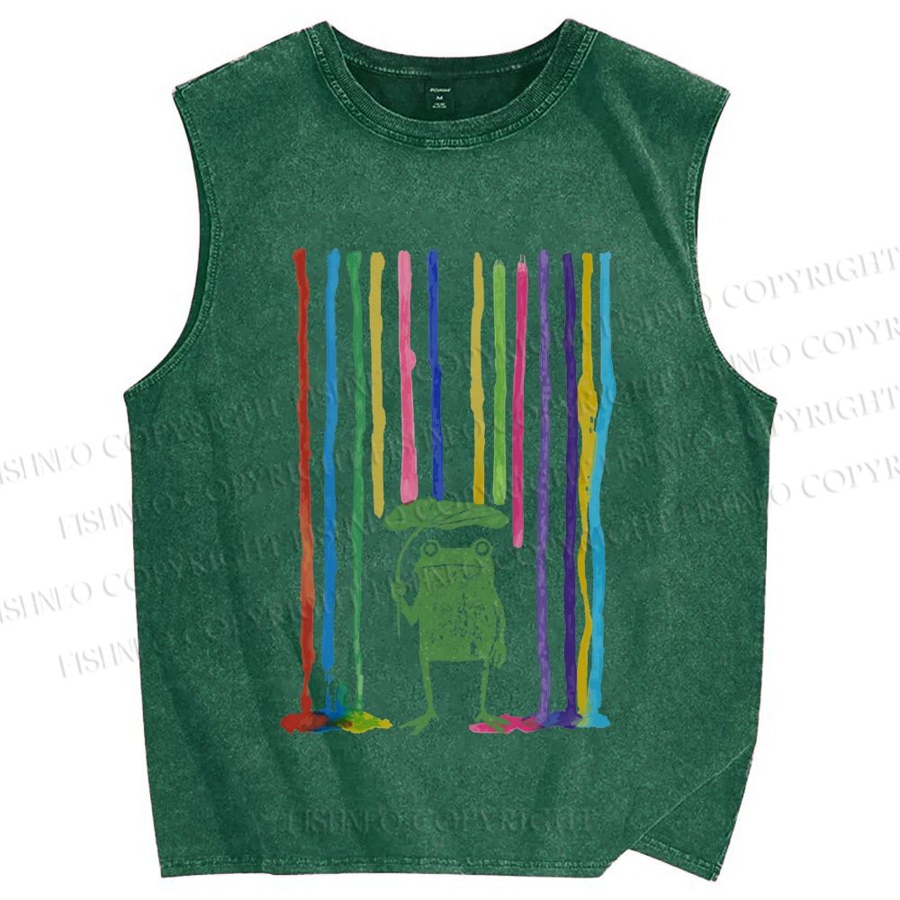 Unisex Frog Under The Rainbow Rain Printed Washed Tank Top