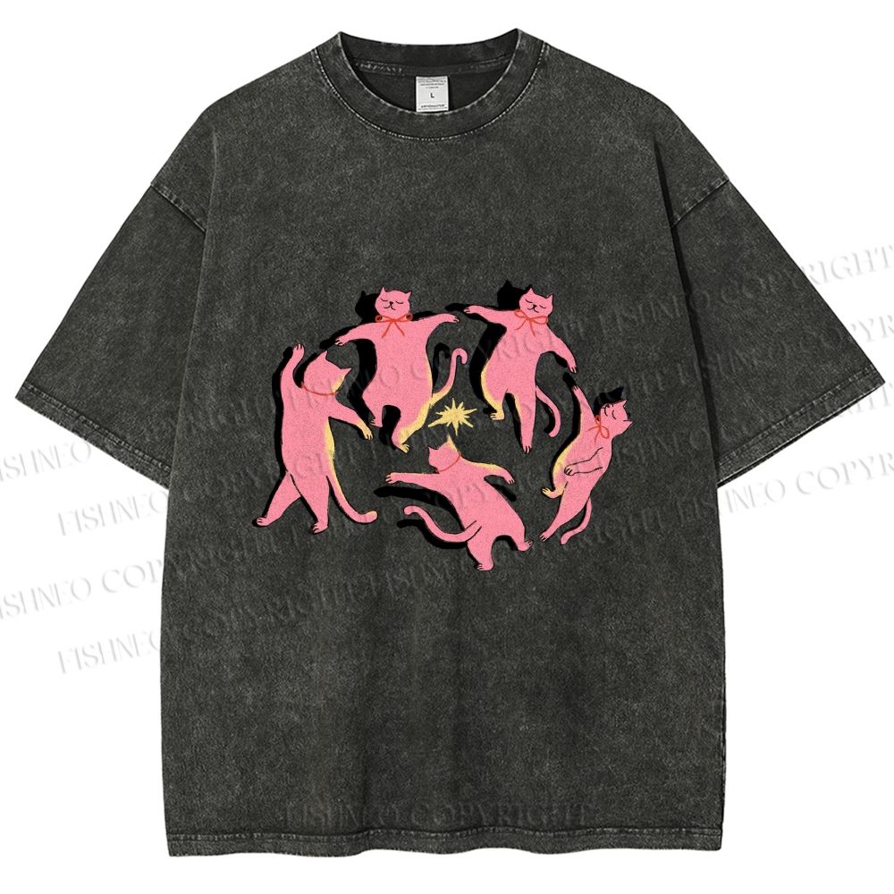 Unisex Dancing Party Kittens Printed Washed Tee