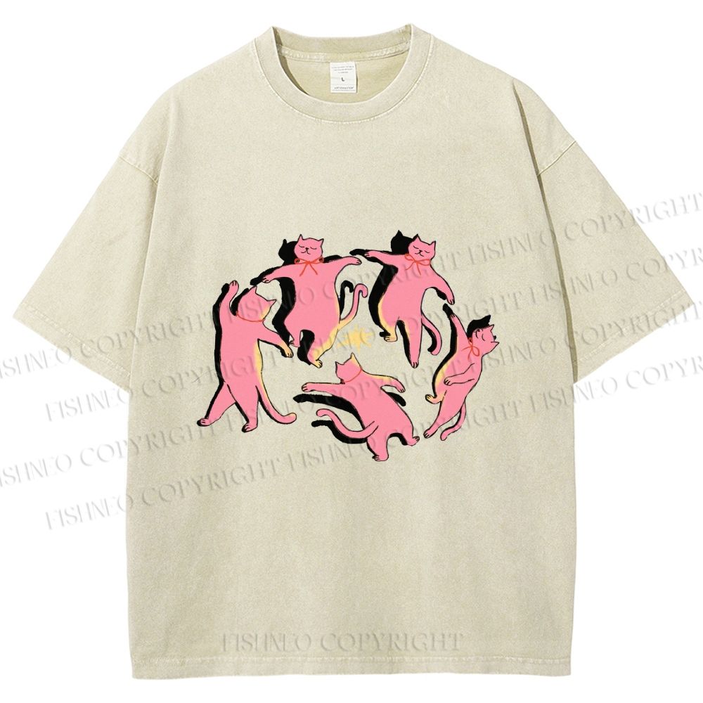 Unisex Dancing Party Kittens Printed Washed Tee