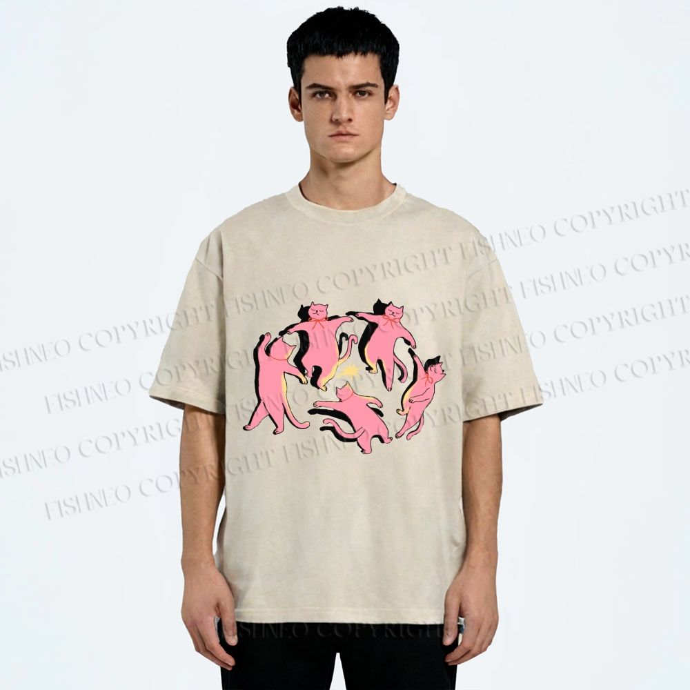 Unisex Dancing Party Kittens Printed Washed Tee