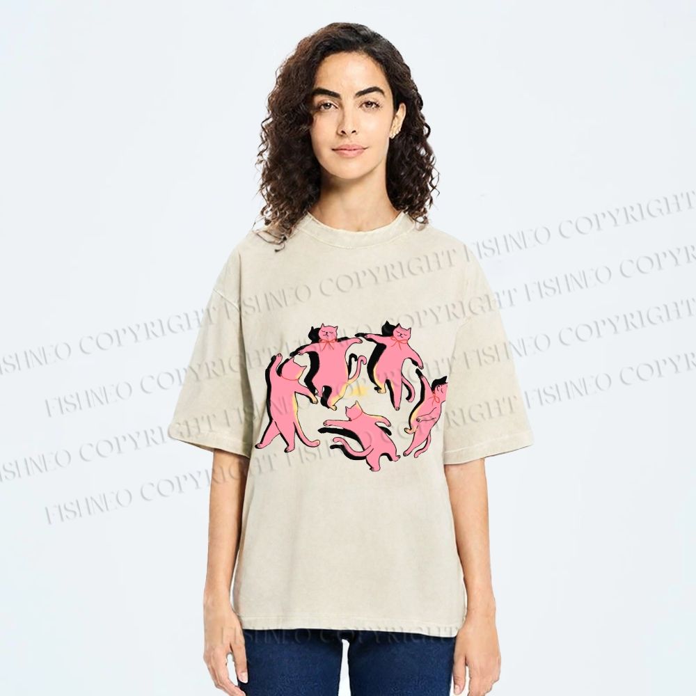 Unisex Dancing Party Kittens Printed Washed Tee